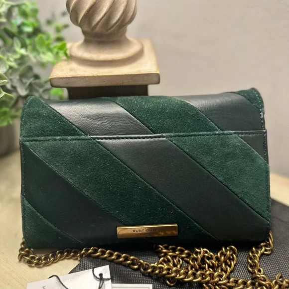 Kurt Geiger Soho Wallet on a Chain Crossbody Dark Green Suede and Leather - Picture 5 of 13
